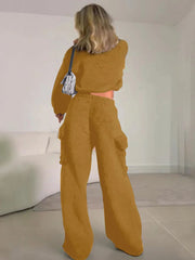 Aiertu - Solid Plush Long Sleeve Sweatshirt Trousers Two-Piece Set Female Casual Crop Top Matching Set Lady Autumn Winter Warm New Aiertu