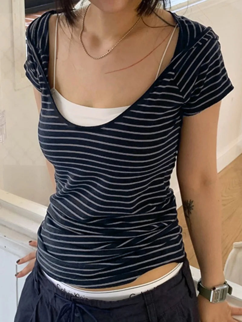 Aiertu - Striped T Shirts Woman Japanese 2000s Style Y2k Hooded Short Sleeve Summer Tops Shoujo Girl Aesthetic P67-BD18 Aiertu