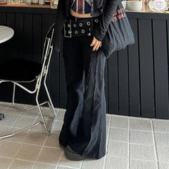 Aiertu - Gothic Style Wide Waistband Flare Jeans High Street Y2K Retro Fashion Denim Pants Black Casual Punk Boot Cut Trousers Aiertu
