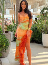 Aiertu - Sexy Print Feather Hem Lace Up Long Sling Dress Elegant Backless Sleeveless Bodycon Dresses 2025 New Lady Beach Party Prom Robes Aiertu