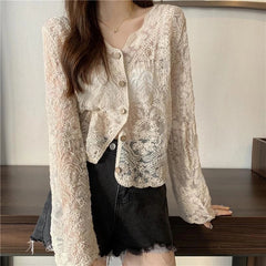 Aiertu Vintage Lace Blouse Women Sheer Long Sleeve Sunscreen Shirt Cardigan Vacation Korean Elegant Casual Sun Protection Top Aiertu