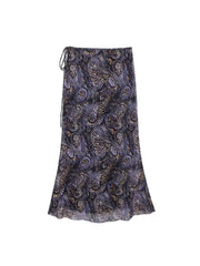 Aiertu - Women Fashion Tulle Printed Pleated Side Lace Up Midi Skirt Vintage Mid Waist Female Chic Lady Skirts Aiertu