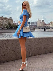 Aiertu - Summer New Print Polka Dot Zipper Women Dress Blue Short Sleeve V-neck Bandage Mini Dress Summer Slim Elegant Streetwear Aiertu