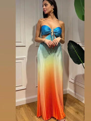 Aiertu - New Summer Gradient Halter Pleated Long Dress Sexy Off Shoulder Backless Wrap Chest Sundress Women's Beach Vacation Dress Aiertu