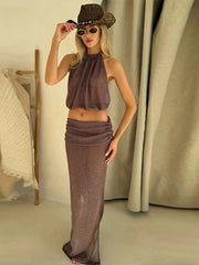 Aiertu Women Skirts Suit Sexy See through Sleeveless Backless Halter Tank Top High Waist Hip Package Pleated Skirt Sets Lady Outfits Aiertu