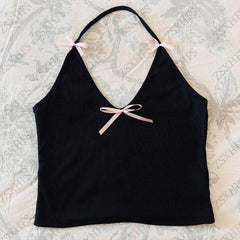 Aiertu - Camis Y2k Tops Harajuku Tank Women Clothes Vintage 2000s Aesthetic Slim Backless Sling Bow Kawaii Cute Sweet Girl Tee Crop Top Aiertu