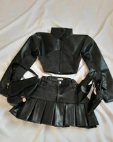 Aiertu - New Y2K Leather Plush Collar Denim Splicing Black Suit Women's Harajuku Zipper Jacket Sexy Short Pleated Skirt Women's Top Aiertu