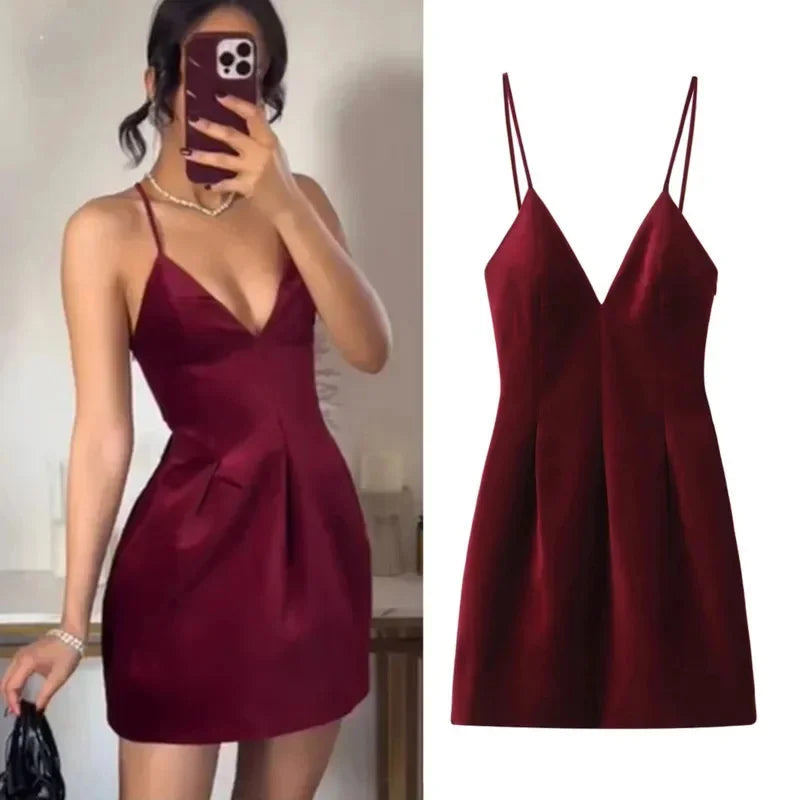 Aiertu - Sexy Red Velvet Sling Dress Women Elegant Sleeveless Backless V Neck Mini Dresses Fashion Dinner Date Christmas Party Dress Aiertu