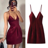 Aiertu - Sexy Red Velvet Sling Dress Women Elegant Sleeveless Backless V Neck Mini Dresses Fashion Dinner Date Christmas Party Dress Aiertu