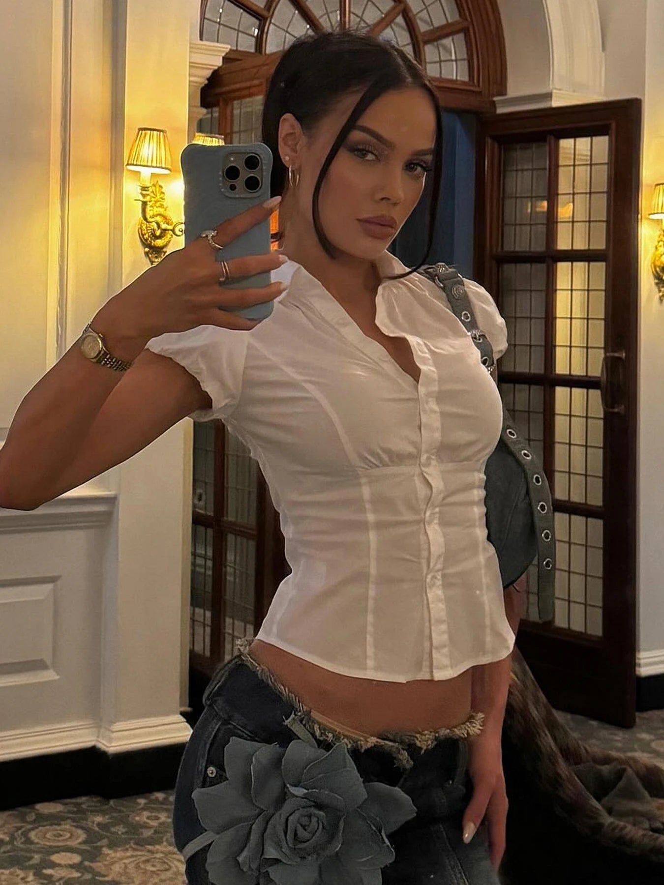 Aiertu - Casual Solid White Crop Blouses for Women Fashion Turn-down Neck Shirts Streetwear Korean Y2K Button Up Clothings Aiertu