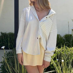 Aiertu - Fashion Chic Loose Stripe Women Shirt Top Buttons Long Sleeve Elegant Casual Autumn Blouse Streetwear Clothes Spring Aiertu