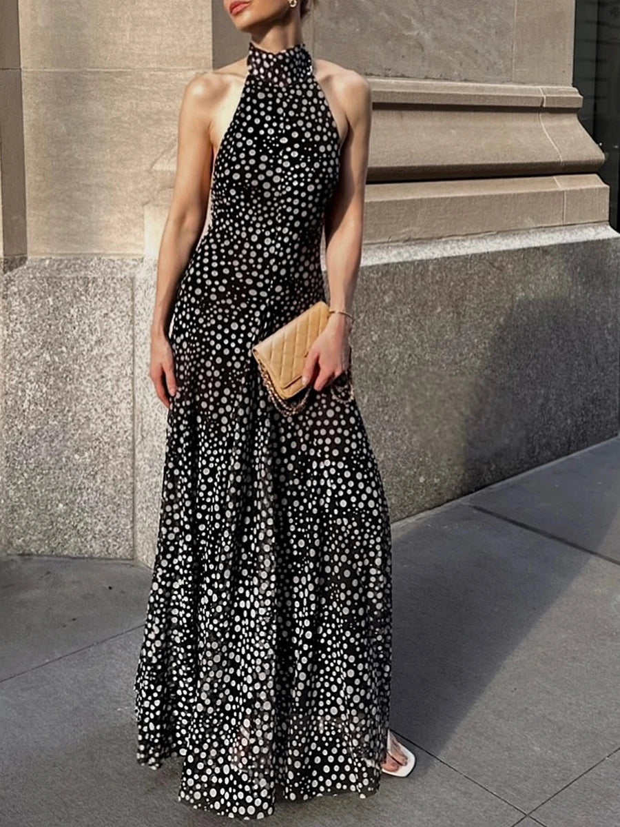 Aiertu - Sexy Spliced Dot Print Maxi Dress for Women Halter Neck Off Shoulder High Waist Temperament Folds Dresses Female Aiertu