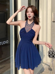 Aiertu - New Women Blue Diamond Patchwork Sexy Slim Backless Halter Short Dress Summer Elegant Sleeveless Off Shoulder Pleated Mini Dress Aiertu