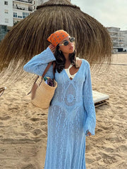 Aiertu - Elegant Blue 3d Flower Hollow Out Knitted Long Dress Women V Neck Flare Sleeves Slim Maxi Dresses 2026 Lady High Street Vestidos Aiertu