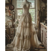 Aiertu - Medieval Vintage Evening Dress Ruffle Tiered A-Line Long Prom Dress Sweetheart Neckline Short Sleeves Corset Lace-up Customized Aiertu