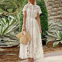 Aiertu - Summer Women's Lapel Tie Up Lace Dress Sexy Hollow Short Sleeved Single Breasted Long Dress Casual Solid Color Holiday Dresses Aiertu