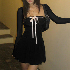 Aiertu - Mesh Splice Bow Decor Trumpet Sleeve Mini Dress Aiertu
