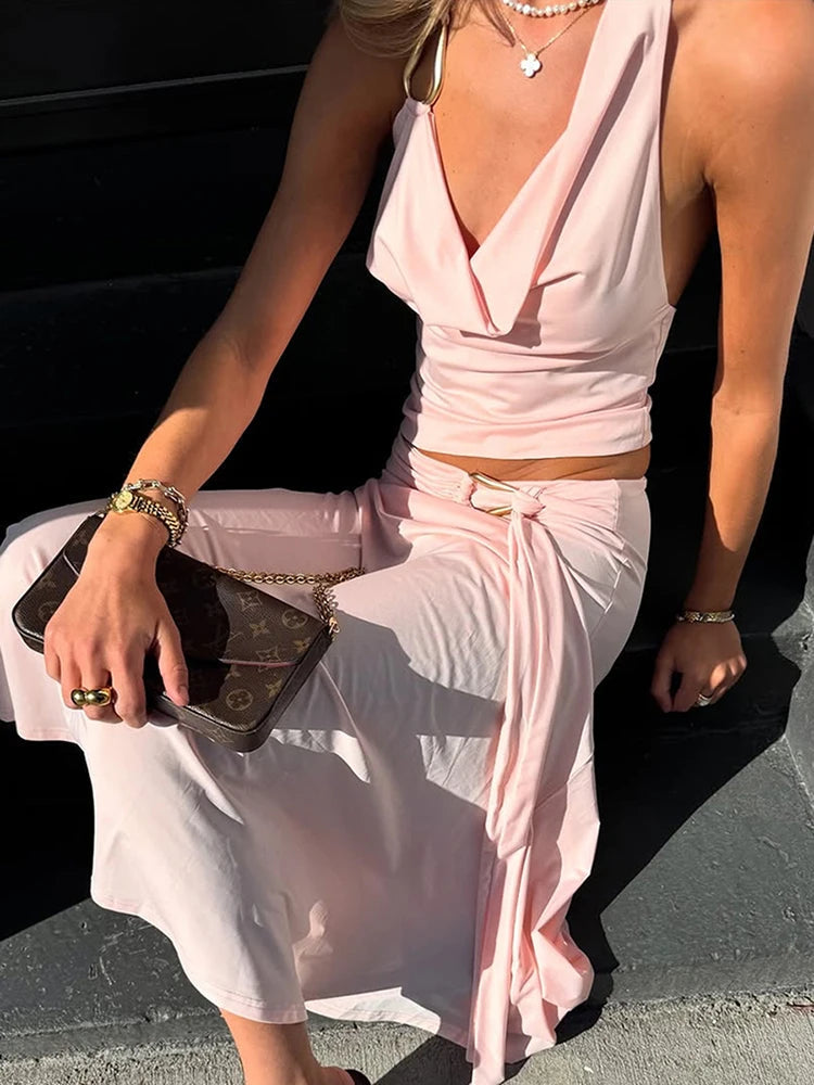 Aiertu - Folds Temperament 2-Piece Set Women Metal Rings Low-Neck Backless Sleeveless Tops+Streamers Long Skirts Matching Suits Aiertu