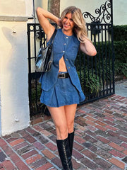 Aiertu - 2025 Spring New Denim Mini Pleated Skirt Sets For Women Single Breasted Tank Tops Y2K Short Skirt 2 Pieces Sets Lady Chic Outfit Aiertu