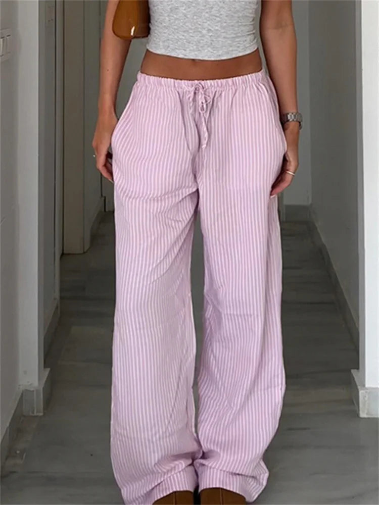 Aiertu Streetwear Striped Print Loose Trousers Lace-up Joggers Fashion Y2K Baggy Pants Basic Aesthetic 90s Cute Bottoms Aiertu