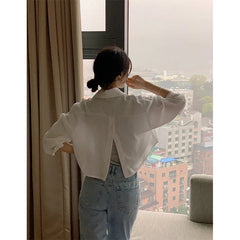 Aiertu Cropped White Split Shirts Women Elegant Long Sleeve Blouses Office Ladies Korean Fashion Solid Slit Casual Chic Tops New Aiertu