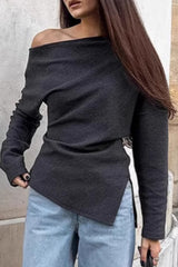 Aiertu -Casual Street Irregular Potholes Oblique Collar Tops aiertu