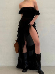 Aiertu - Chic Ruffle Backless Dress Women Slash Neck Sleeveless Lace Up Irregular Hem Floor-length Dresses Female 2025 Spring Lady Robe Aiertu