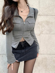 Aiertu Women T-shirt Spring Autumn Clothes Ribbed Knitted Long Sleeve Short Tops Zipper Design Tee Sexy Female Slim Tops Aiertu