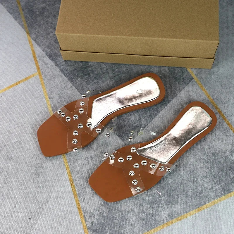 Aiertu - Transparent PVC Flat Slippers for Women 2025 Square Toe Outdoor Fashion Cross Design Female Slides Plus Size Summer Beach Shoes Aiertu