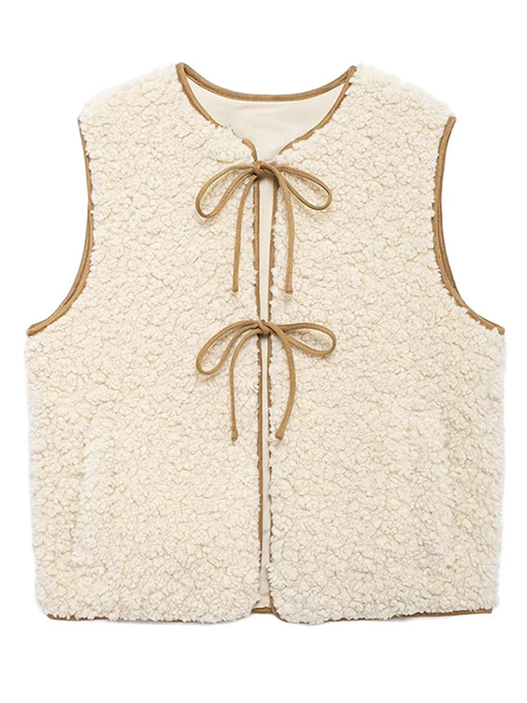 Aiertu - Fleece Vest Women Casual Loose Round Neck Lace Up Hollow Out Sleeveless Coats Female Autumn Winter Fashion Solid Vests Lady Aiertu