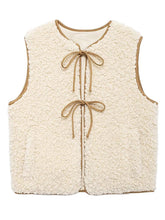 Aiertu - Fleece Vest Women Casual Loose Round Neck Lace Up Hollow Out Sleeveless Coats Female Autumn Winter Fashion Solid Vests Lady Aiertu