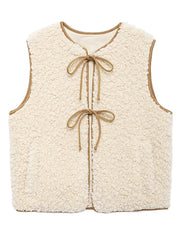 Aiertu - Fleece Vest Women Casual Loose Round Neck Lace Up Hollow Out Sleeveless Coats Female Autumn Winter Fashion Solid Vests Lady Aiertu
