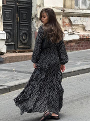 Aiertu - Dots Print Long Dresses Women Sexy V Neck Puff Sleeve Ruffle Maxi Dress Summer Elegant Casual Fashion A-line Vestidos New Aiertu