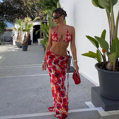Aiertu - Sexy Folwer Print 3 Pieces Bikini Set 2025 Summer Beach Wear Brazilian Bikinis Swimsuit With Beach Skirt Swimwear Cover-up Aiertu