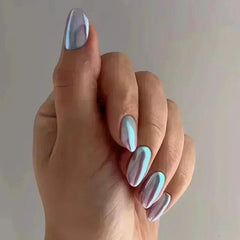 Aiertu 24Pcs Short False Nails Aurora Cat Eye with French Design Simple Metallic Full Cover Wearable Chrome Press on Fake Nails Tips Aiertu