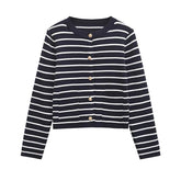 Aiertu - Autumn Winter Women Striped Knit Cardigan Long Sleeve O Neck Casual Outerwear Short Coat Aiertu