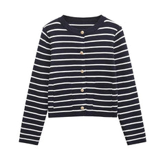 Aiertu - Autumn Winter Women Striped Knit Cardigan Long Sleeve O Neck Casual Outerwear Short Coat Aiertu