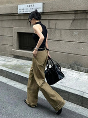 Aiertu - American Fashion Simple Khaki Casual Pants Women Y2K High Street Retro Loose Harajuku Street High Waist Straight Trousers Aiertu