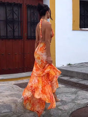 Aiertu - Sexy Summer Color Collision Halter Deep V Neck Women Long Robe Chic Pleated Sleeveless Slim Female Dress Fashion Lady Beach Wear Aiertu