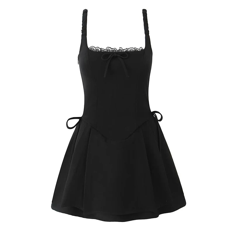 Aiertu - 2025 Women Black White Elegant Party Sling Mini Dress Lace Trim A-line Mini Summer Dresses Bow Robe Aiertu