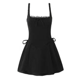 Aiertu - 2025 Women Black White Elegant Party Sling Mini Dress Lace Trim A-line Mini Summer Dresses Bow Robe Aiertu