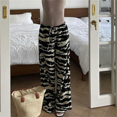 Aiertu - -Y2K Pants Women Zebra Print Knit Wide Leg Pants Streetwear Drawstring Elastic Straight Trousers Casual All Match Chic Outfits Aiertu
