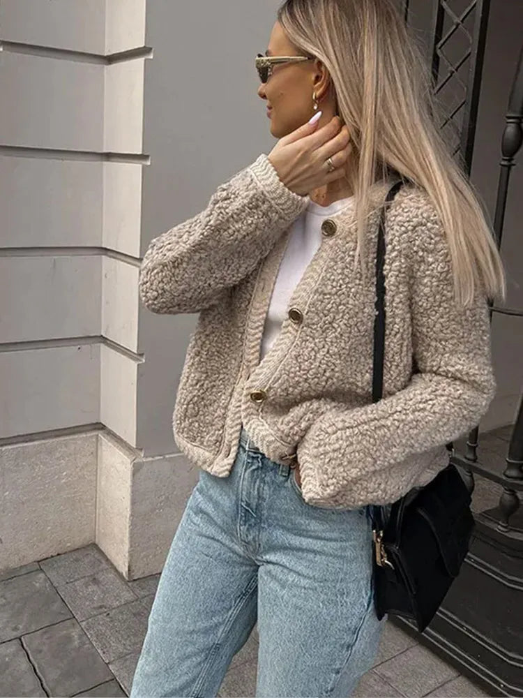 Aiertu - Elegant Lamb Wool Spliced Coats Women Casual O-neck Button Long Sleeve Female Jacket 2023 Autumn Winter Office Lady Commute Coat Aiertu