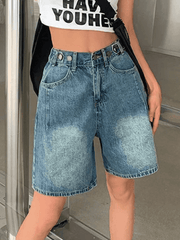Aiertu Vintage Washed Blue Cropped Denim Shorts Aiertu
