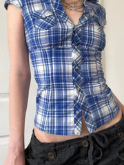 Aiertu Plaid Patchwork Slim Fit Single Button Women’s Shirts Causal Basic Chic New Summer Short Blouses Aiertu