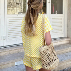 Aiertu - Women Tie Front Pajamas Sets Puff Sleeve Plaid Babydoll Shirt Ruffle Hem Shorts Y2k 2 Piece Pj Matching Set Aiertu