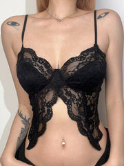 Aiertu - summer inspo Black See Through Sexy Asymmetrical Goth Lace Camisole Women Rave Baddie Outfits Crop Top Aiertu