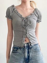 Aiertu Women Y2k Aesthetic Ruffled Bandage T-shirt Summer Harajuku Fairy Vintage Slim Fit Tees Grunge Cropped Pleated Tops Streetwear Aiertu