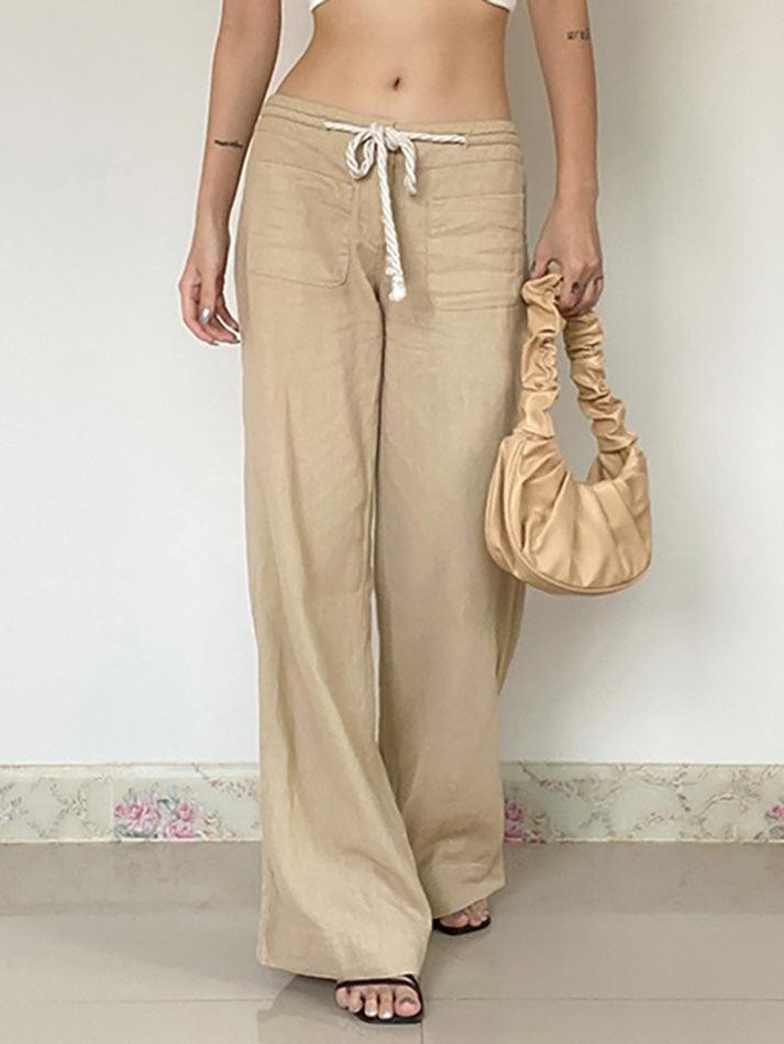 Aiertu -Vintage Drawstring Tie Low-Waist Straight-Leg Pants aiertu