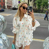 Aiertu - 2026 New Heart Printed Short Set Women Long Sleeve Pocket Ruffle Cardigan+Short Pants Sets Spring Summer Casual Chic 2 Piece Set Aiertu